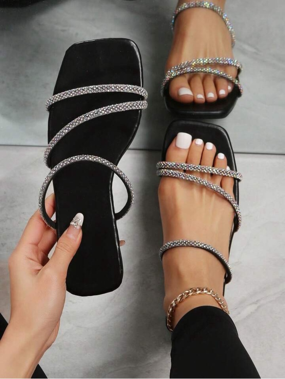 Rhinestone Strap Black Slide Sandals Size 7